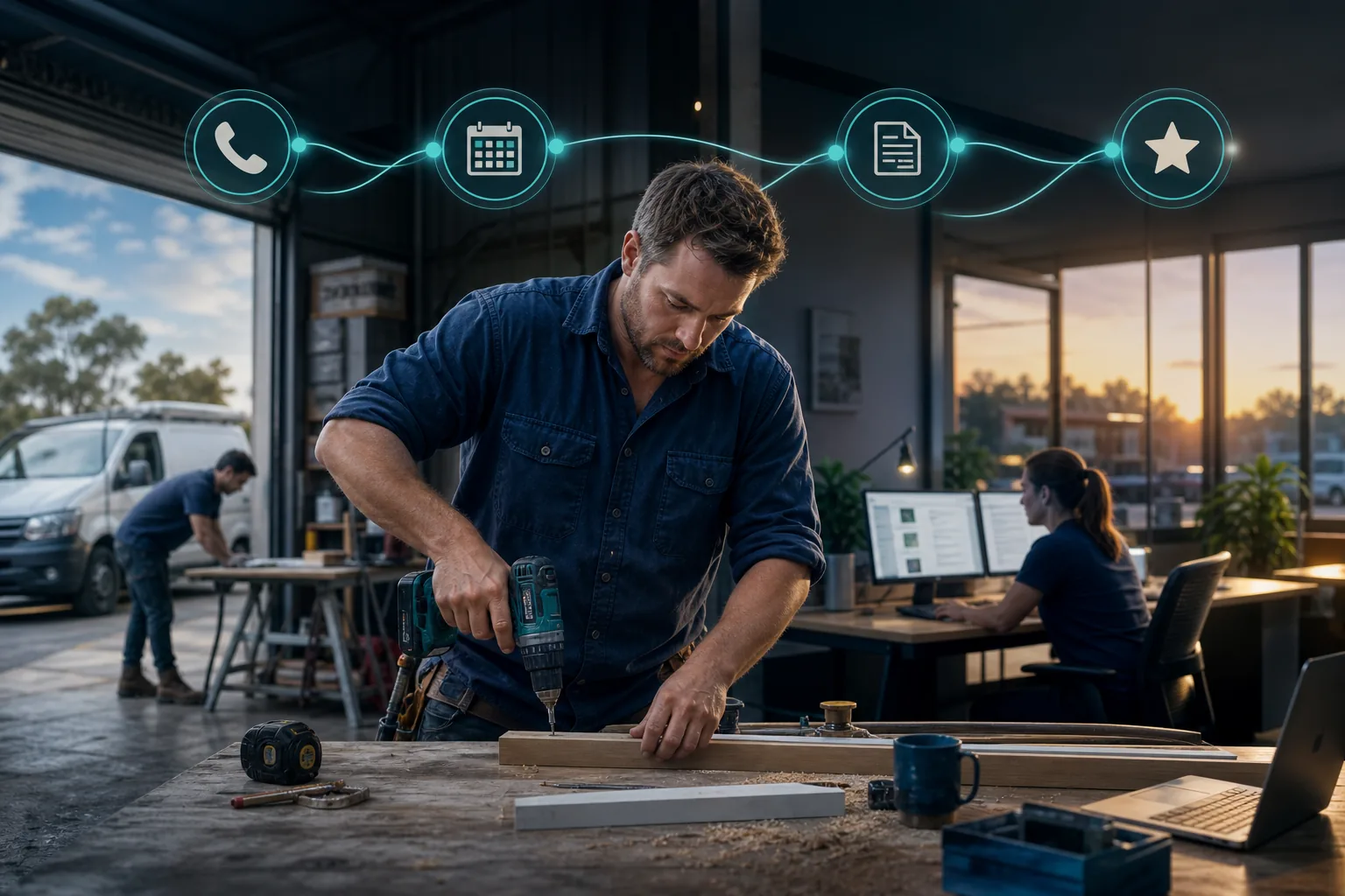 Trade business owner working while customer tasks run automatically