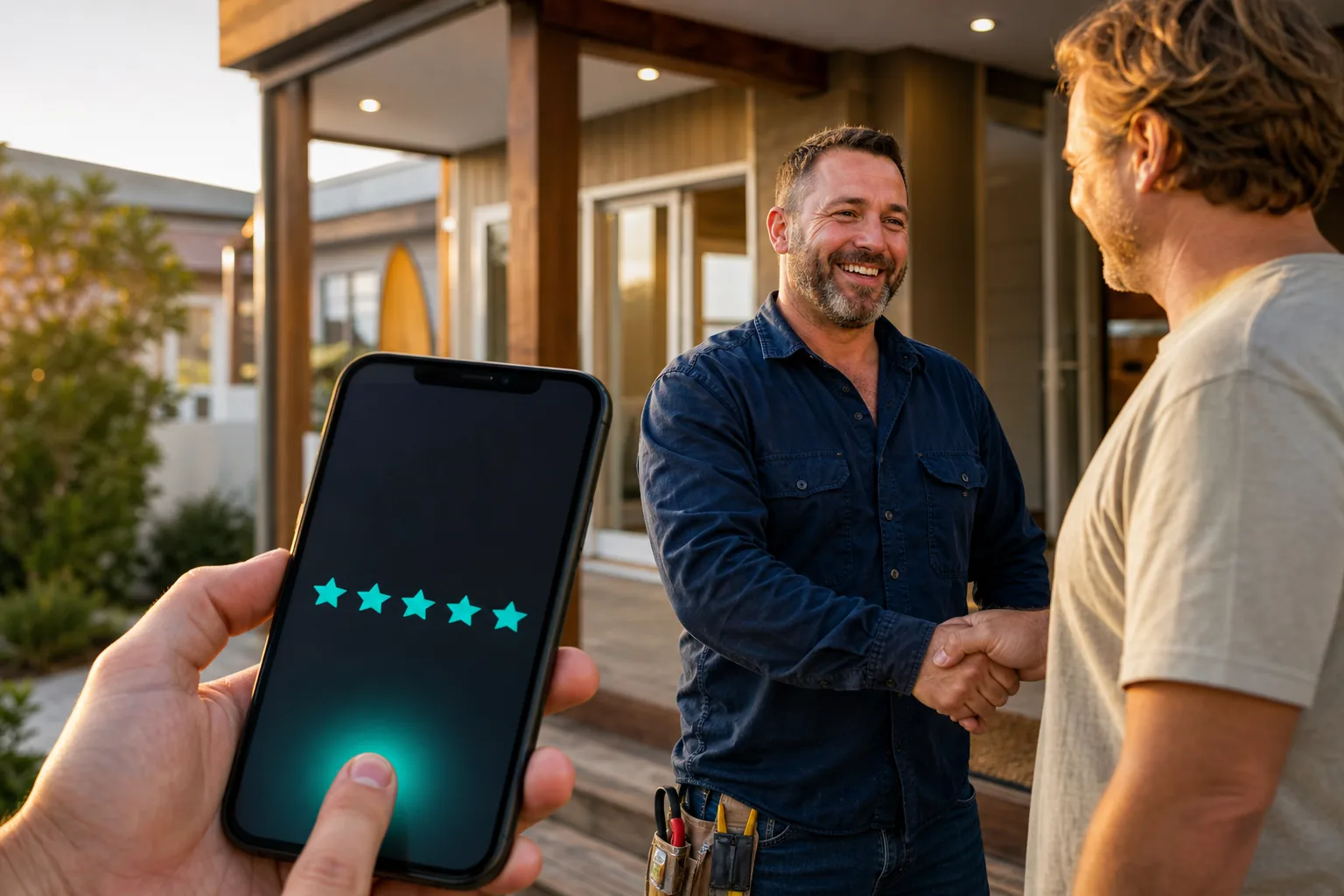 Satisfied homeowner leaving a five-star review after a completed job