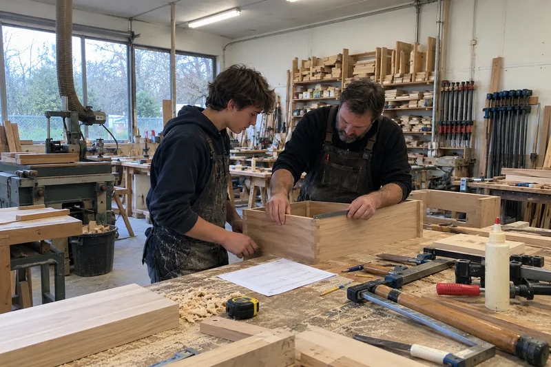 A cabinetmaker and apprentice checking an assembly against a job checklist