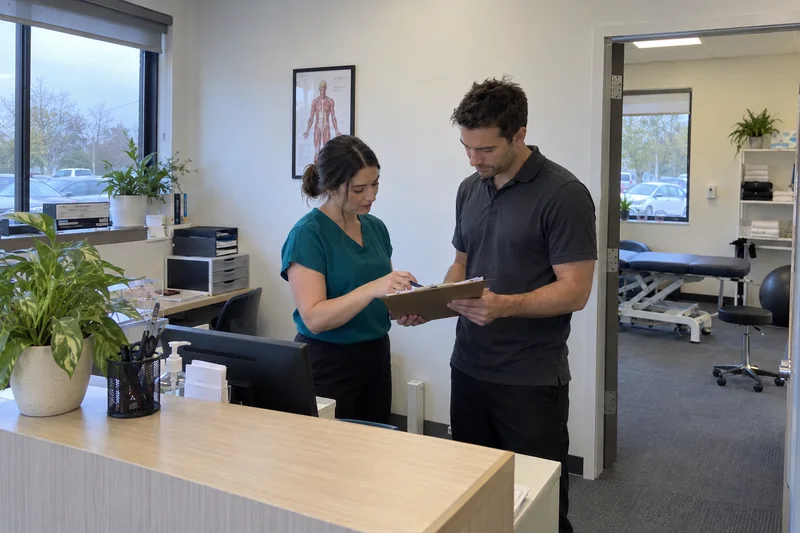 A receptionist and practitioner checking an appointment list at a clinic