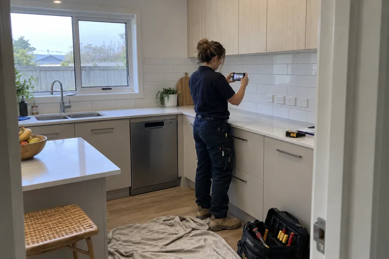 An electrician taking completion photos of a finished kitchen installation