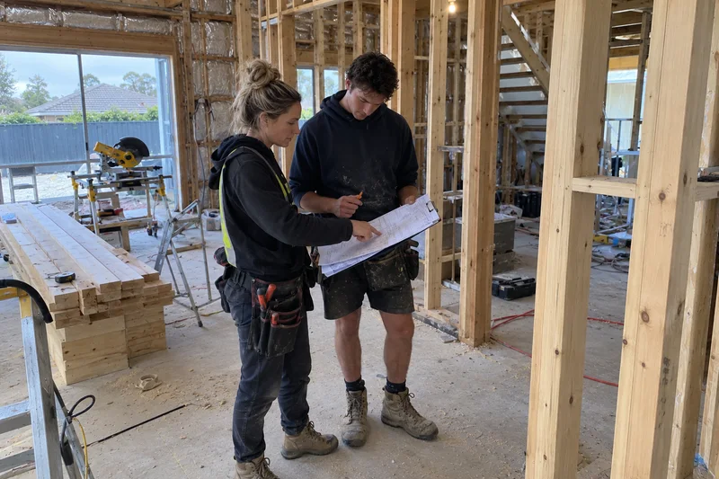 A site supervisor and carpenter reviewing a job brief at a renovation