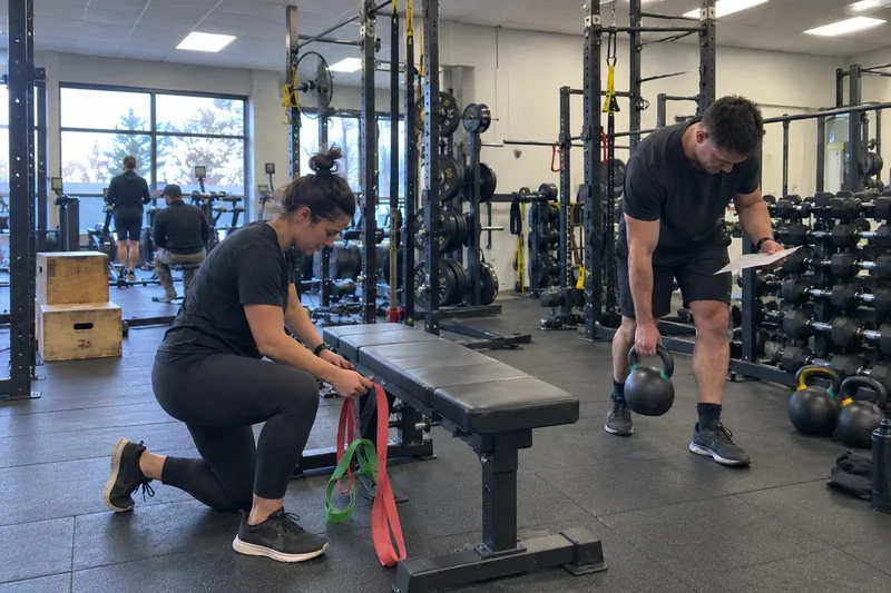 Two coaches setting out equipment for the next gym session