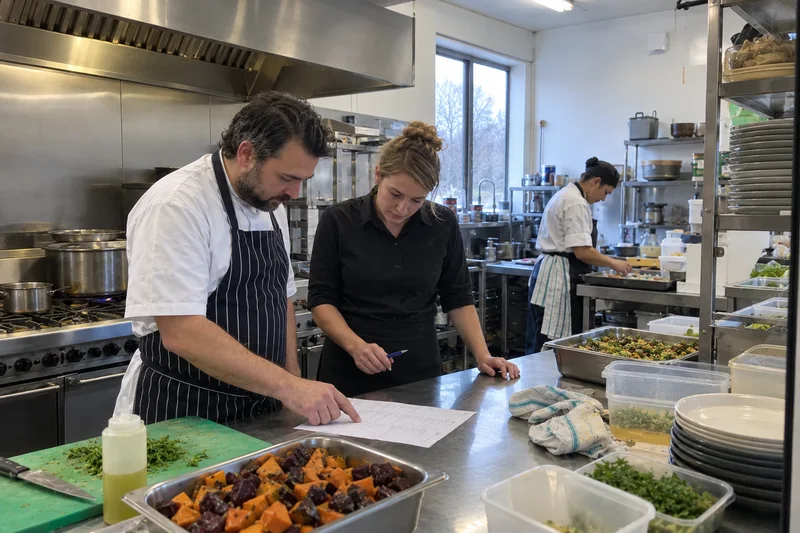 A chef and service coordinator checking a function brief in a working kitchen