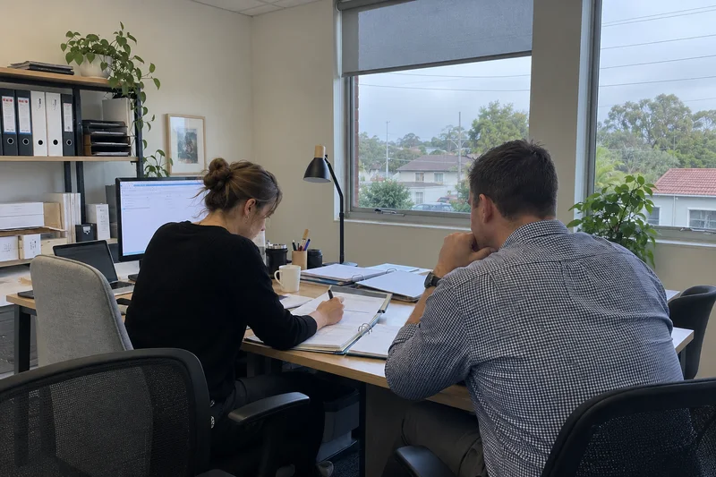 Two office colleagues reviewing a customer file and checklist