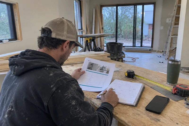 A tradesperson reviewing a quote beside handwritten site measurements