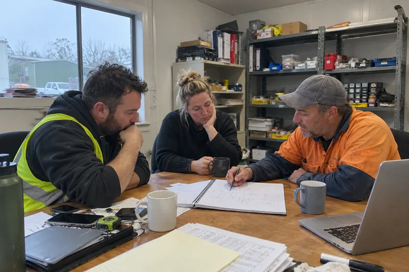 A trade business team planning the work around a workshop table