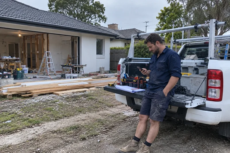 A tradesperson reviewing a job enquiry beside a work ute