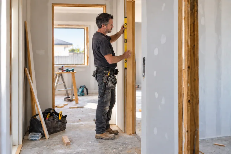 A carpenter checking a door jamb with a spirit level during a renovation