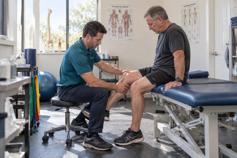A physiotherapist working with a patient on knee mobility in a clinic