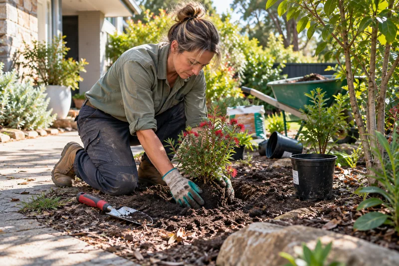A gardener planting a flowering native shrub in a suburban garden