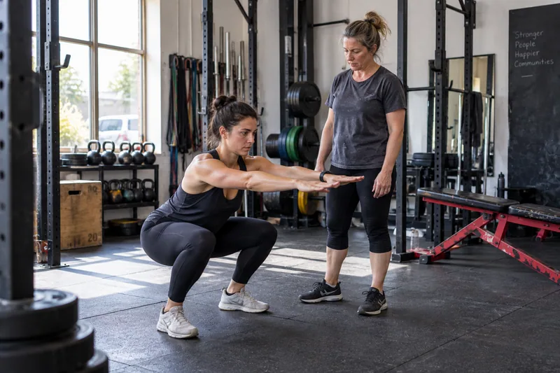 A trainer observing a member's squat technique on the gym floor