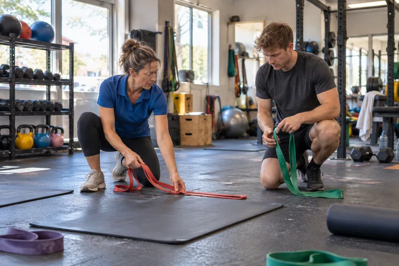 Two gym coaches setting out resistance bands and mats for the next session