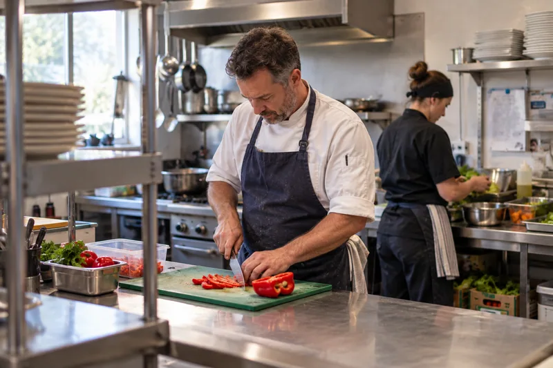 A chef preparing capsicum while a colleague works in a restaurant kitchen