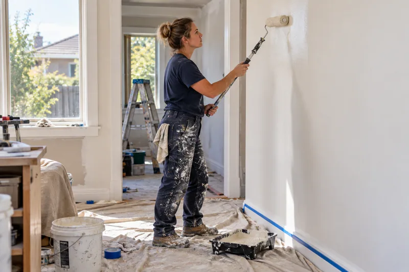 A painter rolling an interior wall during a house renovation