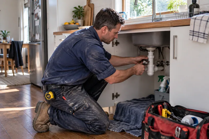 A plumber working on a waste-pipe fitting beneath a kitchen sink