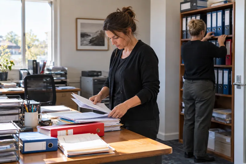 A professional sorting a paper file while a colleague organises the shelves