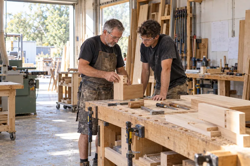 An experienced cabinetmaker showing an apprentice how to check a timber joint